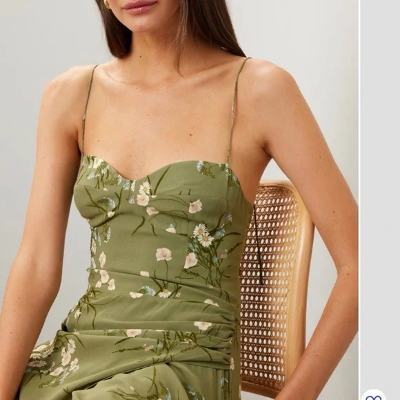 Reformation Green Floral Slip Kimberly Dress with Cream Blooms - Picture 3 of 8